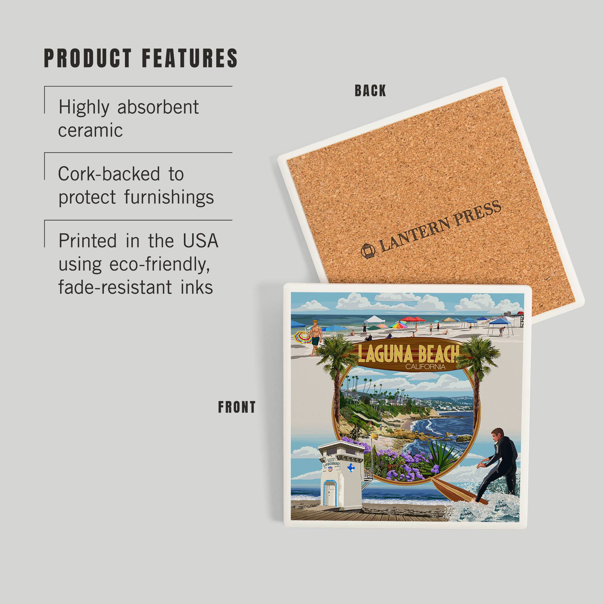 Lantern Press - Wholesale Coasters - Ceramic Coaster Laguna Beach, California, Montage Scenes2