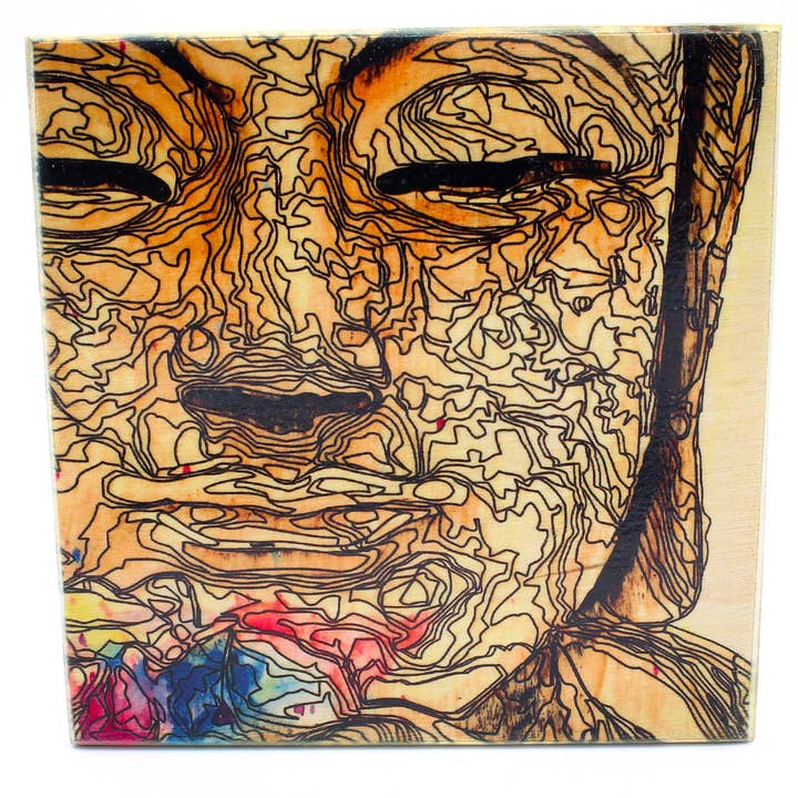 Aquarell „Buddha mit Lotusmotiv“, Holzdruck für den Großhandel von SticksandLasers