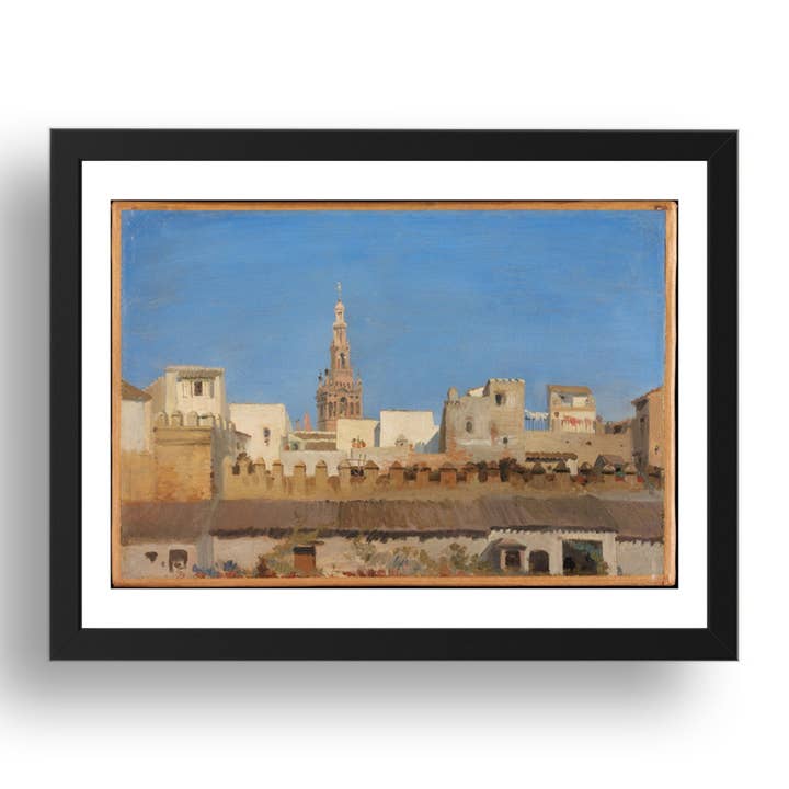 Adrien Dauzats: La Giralda, Siviglia (1836 o 1837), opera d'arte d'epoca, riproduzione in formato A3, poster stampato in cornice nera 17x13". per la vendita all'ingrosso da parte di PERIOD PRINTS