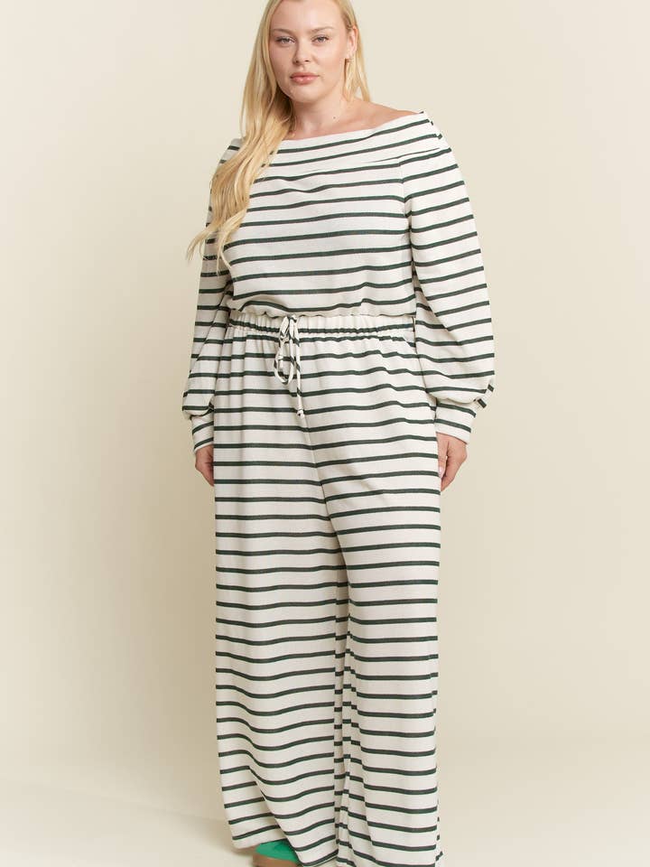 JADE BY JANE PLUS - Wholesale Jumpsuit - Women's - (PLUS SIZE) OFF-SHOULDER STRIPED TERRY JUMPSUIT1