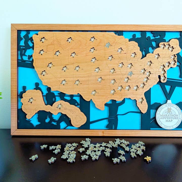 Roots & Routes Co - Wholesale Wall Accent - 50 States of Marathons Adventure Map — Handcrafted Running Tracker1