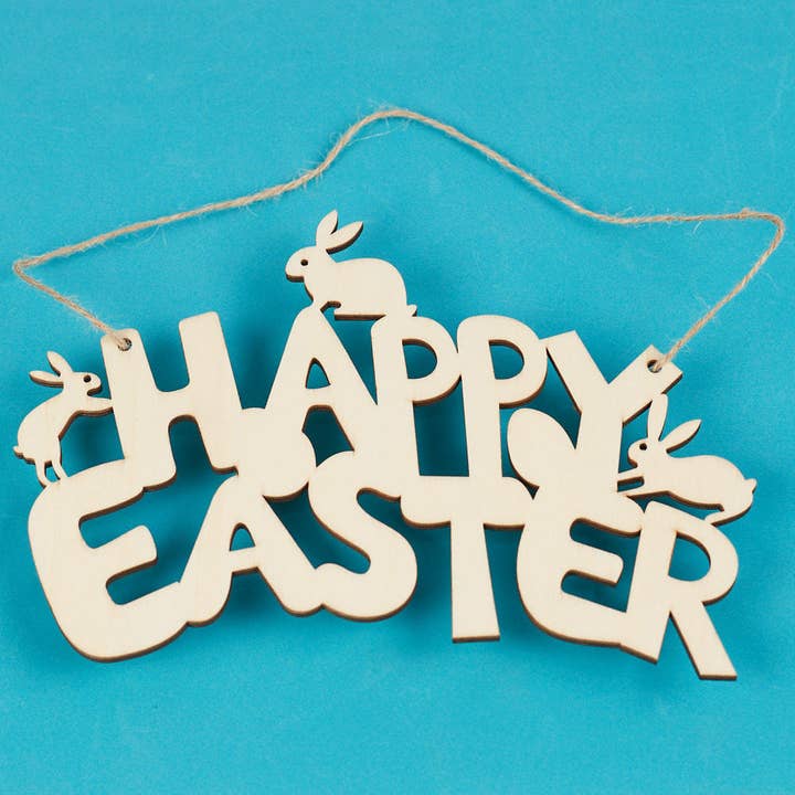 Wood Happy Easter Spring Sign with Jute Hanger for wholesale by Factory Direct Craft