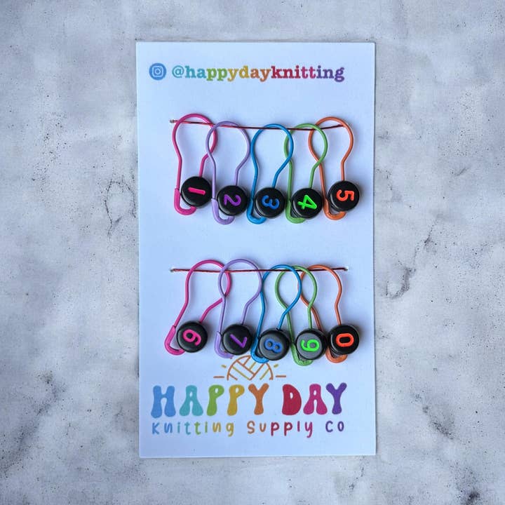 Marqueurs de mailles en forme d'ampoule numérotée néon pour tricot, ensemble n°10 pour la vente par Happy Day Knitting