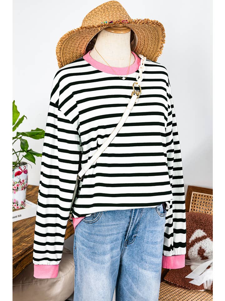 fashionworks - Wholesale Blouse - Women's - Fall Clothing Stripe Contrast Edge Long Sleeve Top Blouse