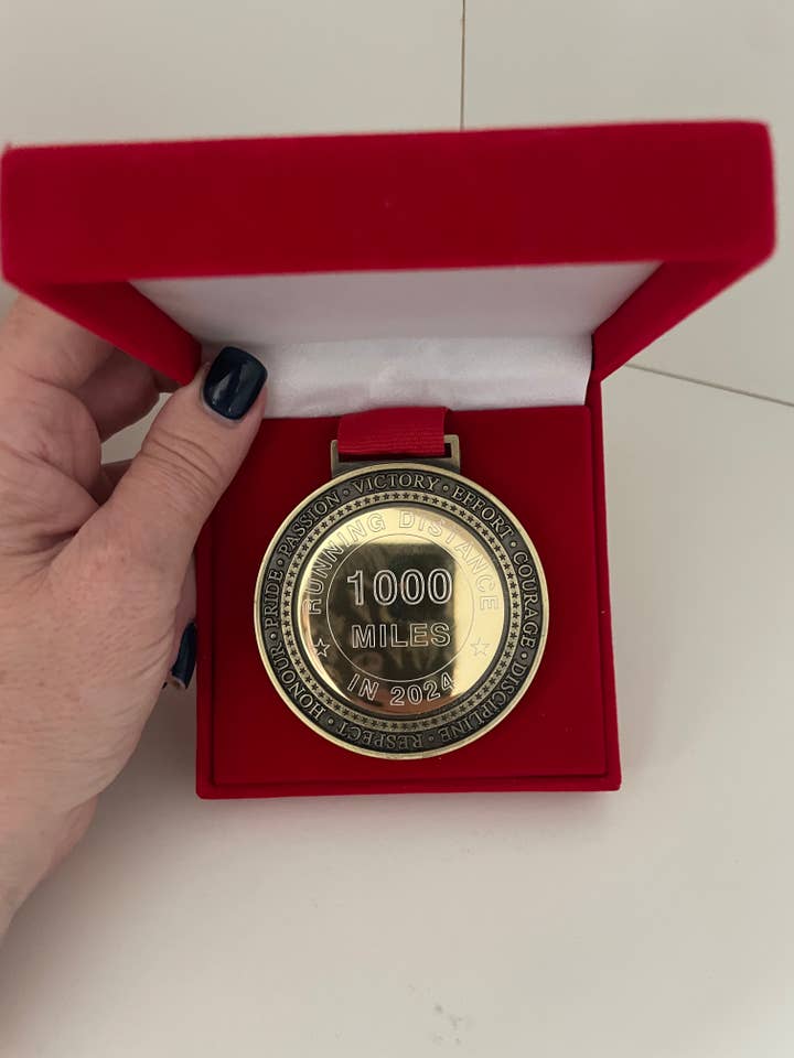 Custom Any Distance Engraved Sports Medal In Velvet Box for wholesale by Medal Envy