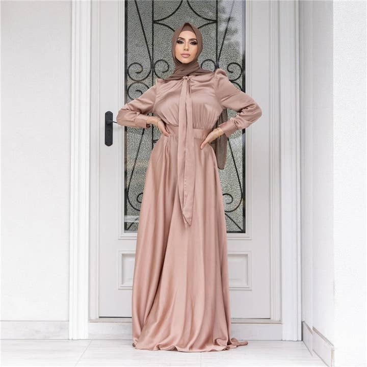 FurDecoration - Wholesale Dress - Women's - Solid Color Muslim Fashion Big Swing Satin Dress