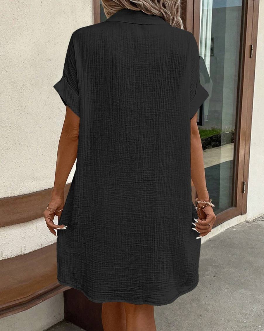 Lily Clothing - Wholesale Dress - Women's - Simple loose V-neck single breasted solid color shirt dress11