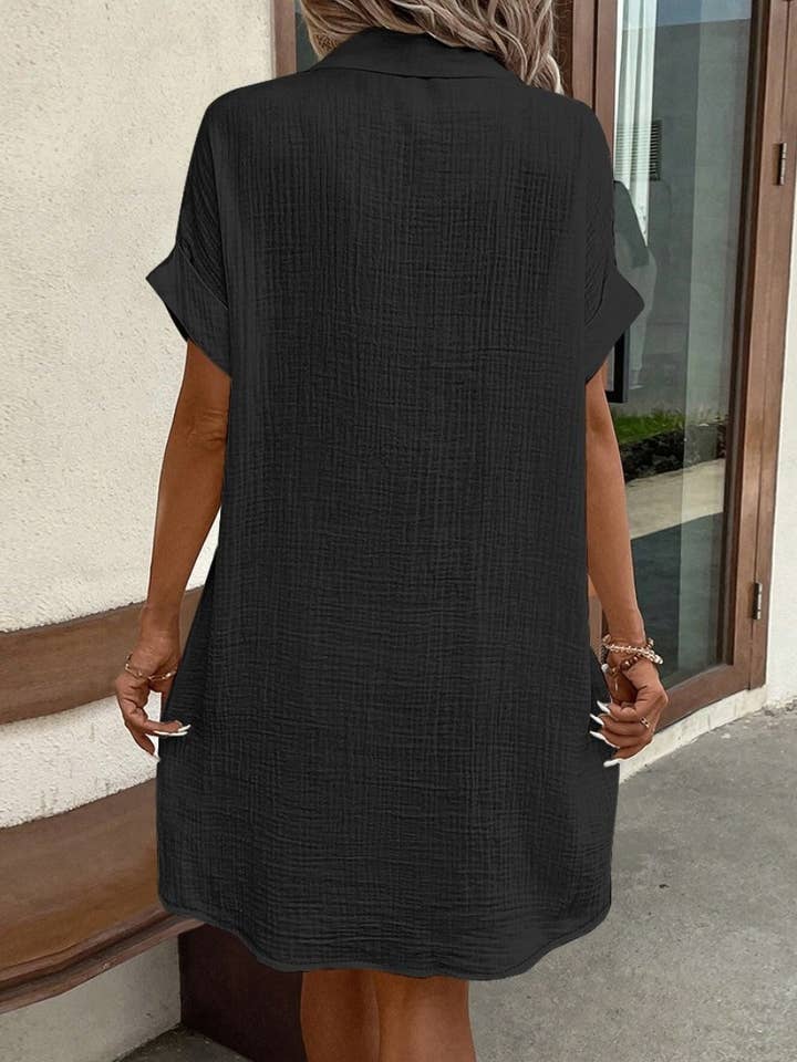 Lily Clothing - Wholesale Dress - Women's - Simple loose V-neck single breasted solid color shirt dress11