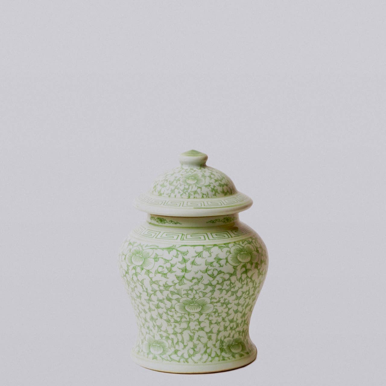 Cobalt Guild – wholesale Decorative jar – Medium Green and White Porcelain Scrolling Peony Temple Jar2
