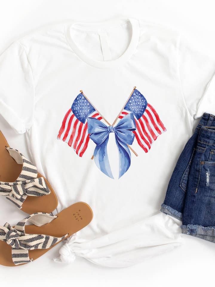 Double Flag with Bow Graphic Tee for wholesale by Tickled Teal