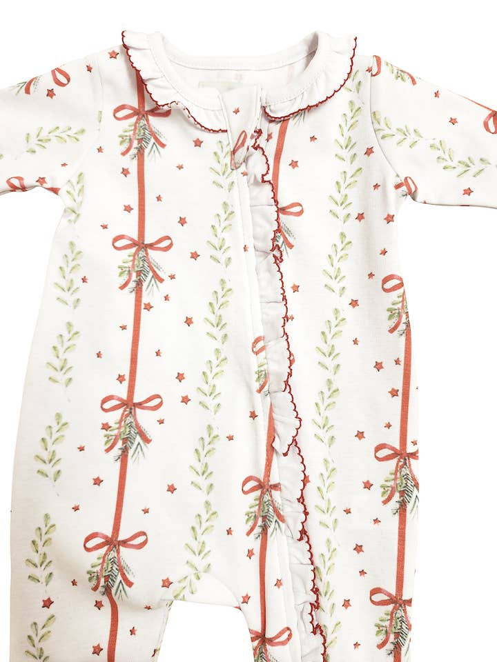 Baby Threads - Wholesale Jumpsuit - Baby - Christmas Bows & Mistletoe Print Baby Pima zippered Footie
