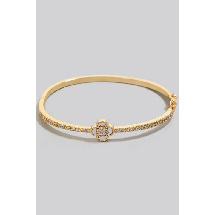 The Looks by Fame Accessories - Wholesale Bangle Bracelet - Gold Dipped Cz Pave Row And Clover Hinge Bangle Bracelet