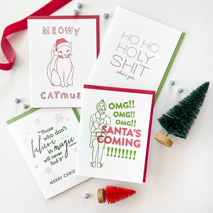 Steel Petal Press - Venta al por mayor Tarjetas de Navidad - HOHOHostia Santa - Tarjeta de Navidad Letterpress Sarcástica5