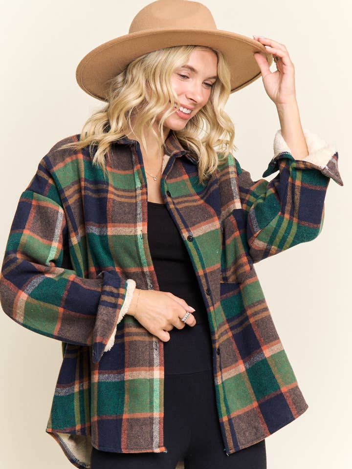 LEJ4141-PLAID SHERPA-LINED BUTTON DOWN SHACKET for wholesale by Madelyn