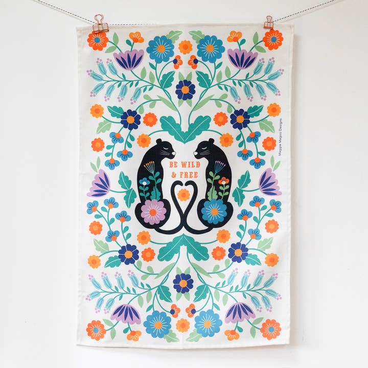 Two Cats Tea Towel - be wild & free for wholesale by Maggie Magoo Designs