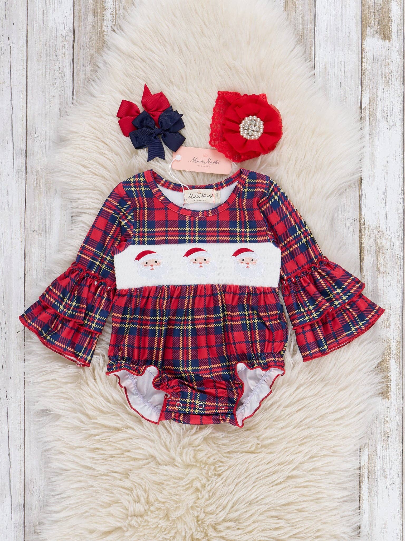 Marie Nicole Clothing - Wholesale Clothing Set - Baby - Holiday Plaid Smocked Santa Bubble0