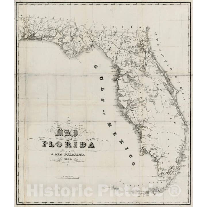 Mapa histórico - Mapa de Florida, 1837, J. Lee Williams para venta al por mayor de Historic Pictoric