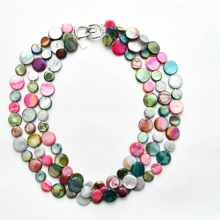 Sea Lily - Wholesale Beaded/Pearl Necklace - 252051 - Berry/Teal/Light Gray 3 Strand MOP Necklace0