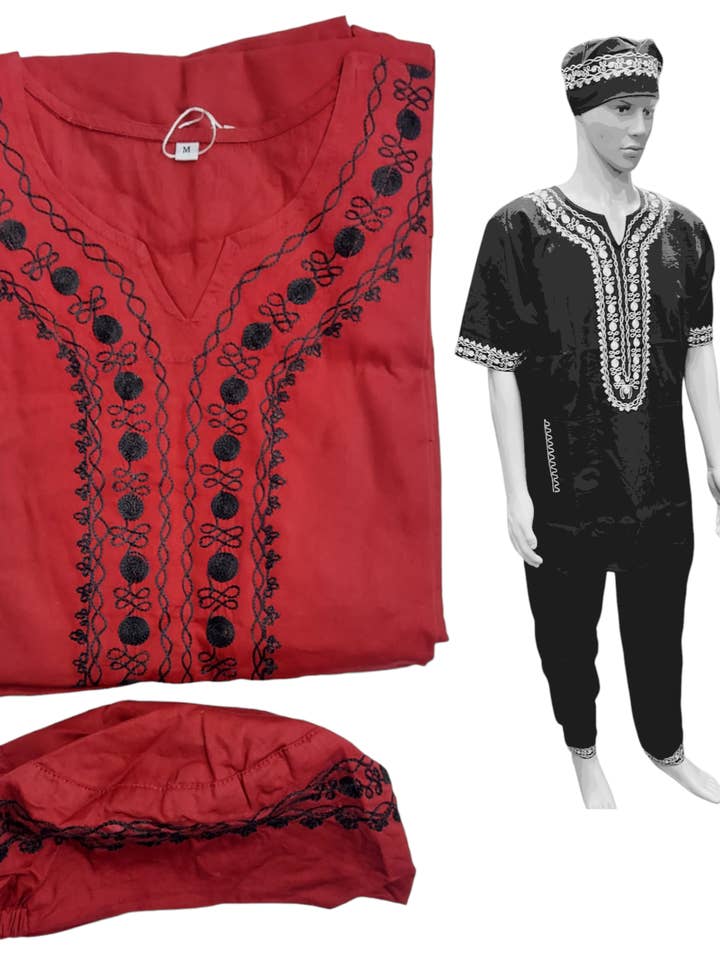 Men's 3Pcs Embroidery Set- Burgundy for wholesale by India Batik