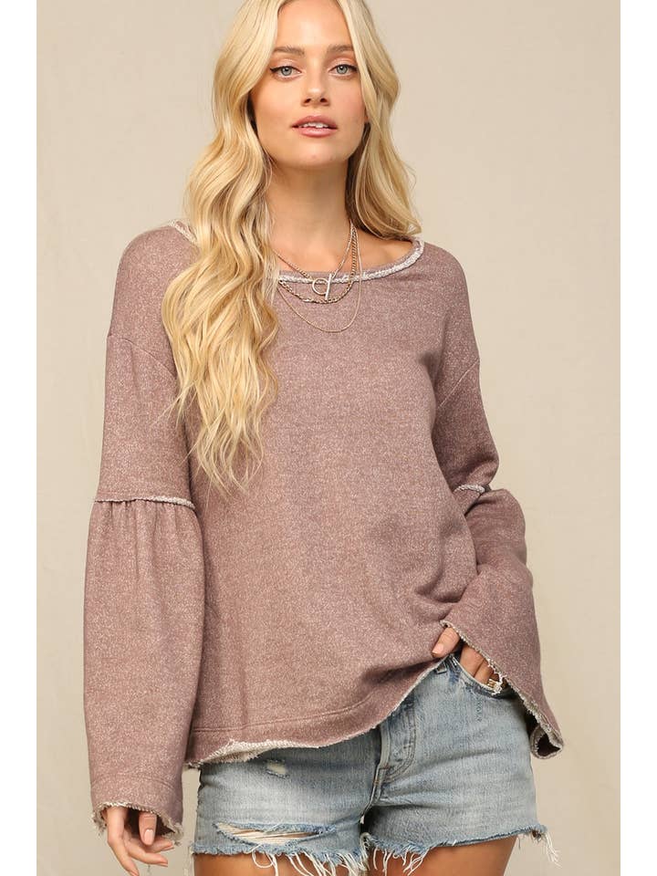 Mocha French Terry Oversized Bell Sleeve Tunic Top for wholesale on Faire4