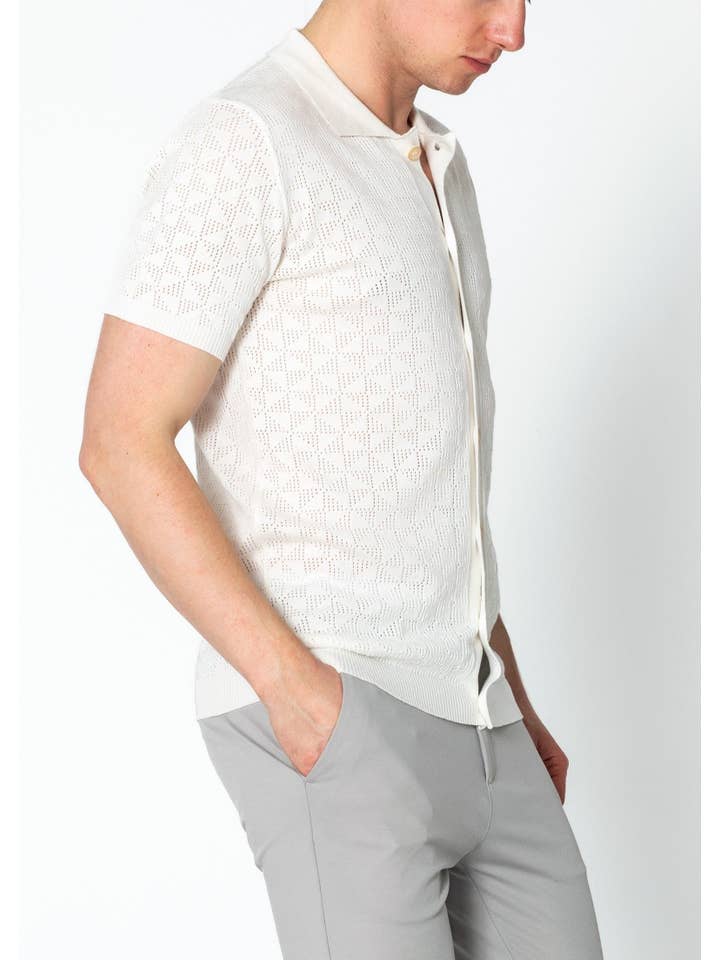 Men's Geometric Crochet Knit Polo - Off White for wholesale on Faire