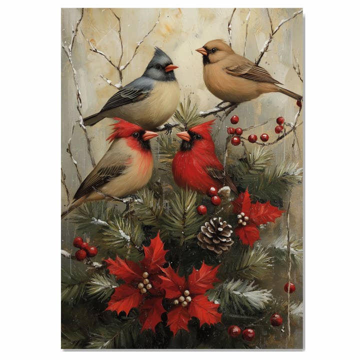 Retro kerstvogel met kardinalen en dennenboom kunstcanvas voor wholesale door Art Paradise Studios