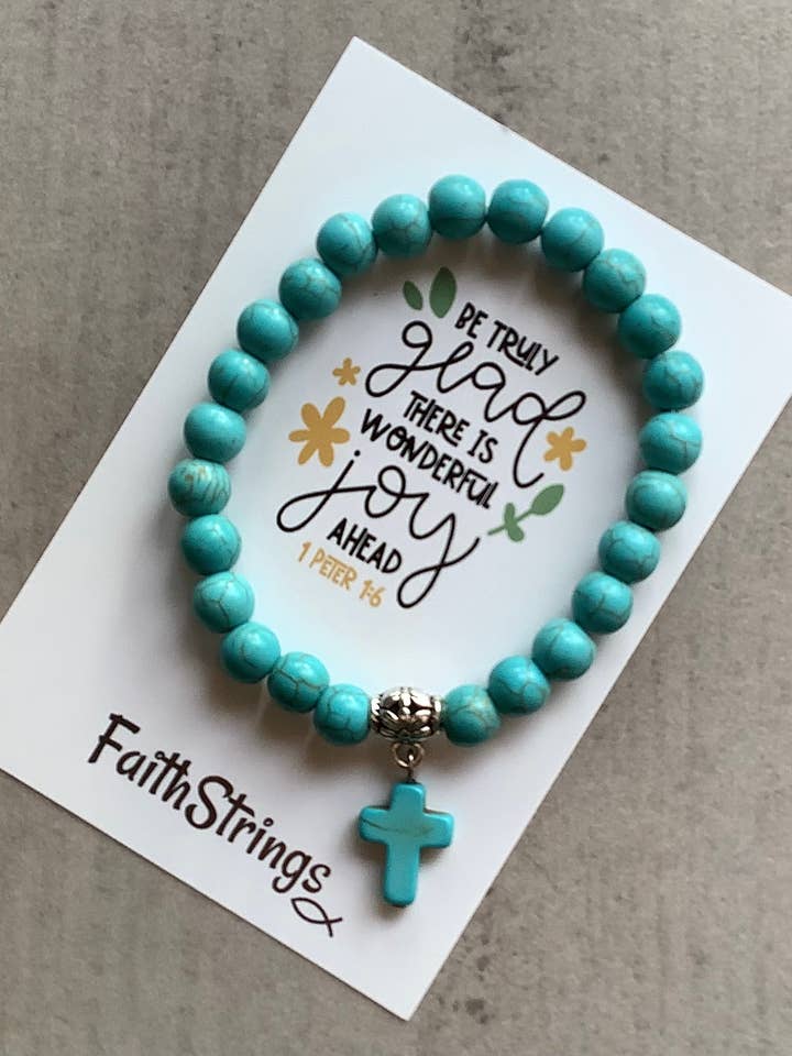 Faithstrings Christian Gift Cross Turquoise Bead Bracelet for wholesale by Faithstrings