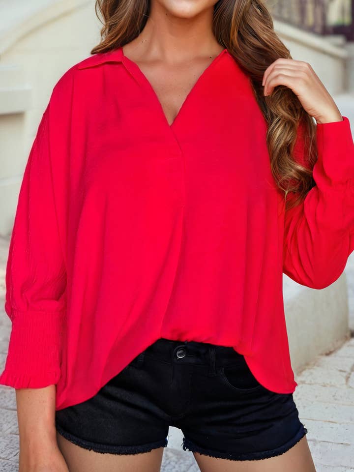 V Neck Collared Shirred 3/4 Sleeve Oversized Tunic Top for wholesale by 1 the Woman