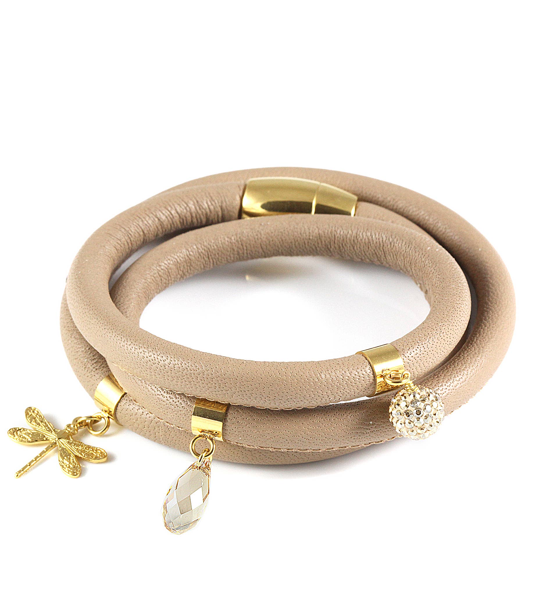 DIGE DESIGNS - Wholesale Charm/Dangle Bracelet - Beige triple wrap leather bracelet with dragonfly and charms1