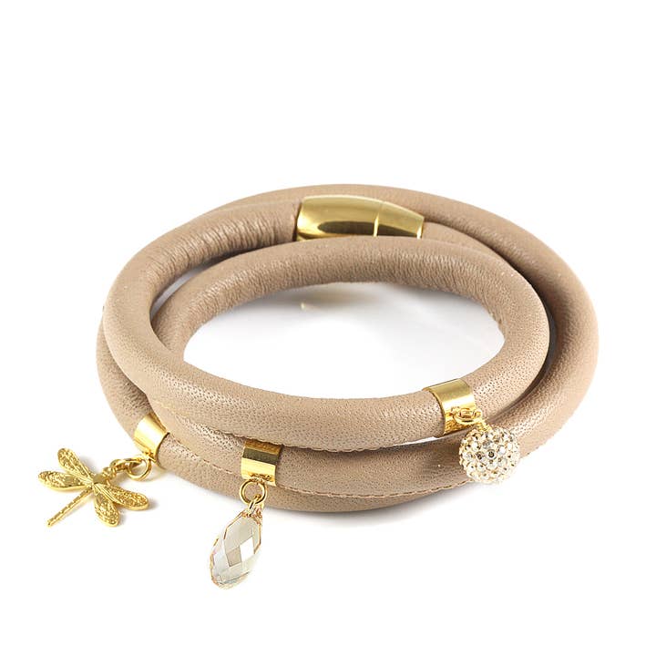 DIGE DESIGNS - Wholesale Charm/Dangle Bracelet - Beige triple wrap leather bracelet with dragonfly and charms1