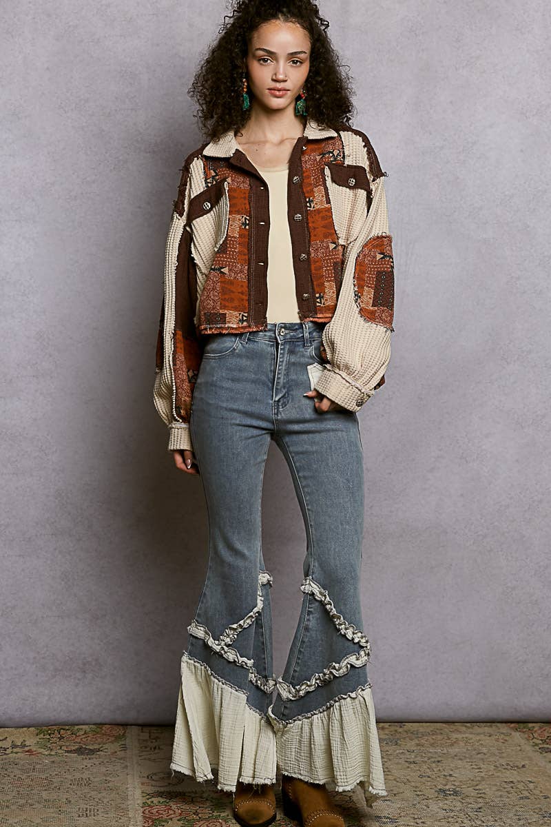 Pol Clothing - Wholesale Jacket - Women's - Balloon Sleeve Contrast Paisley Pattern Cropped Knit Jacket21