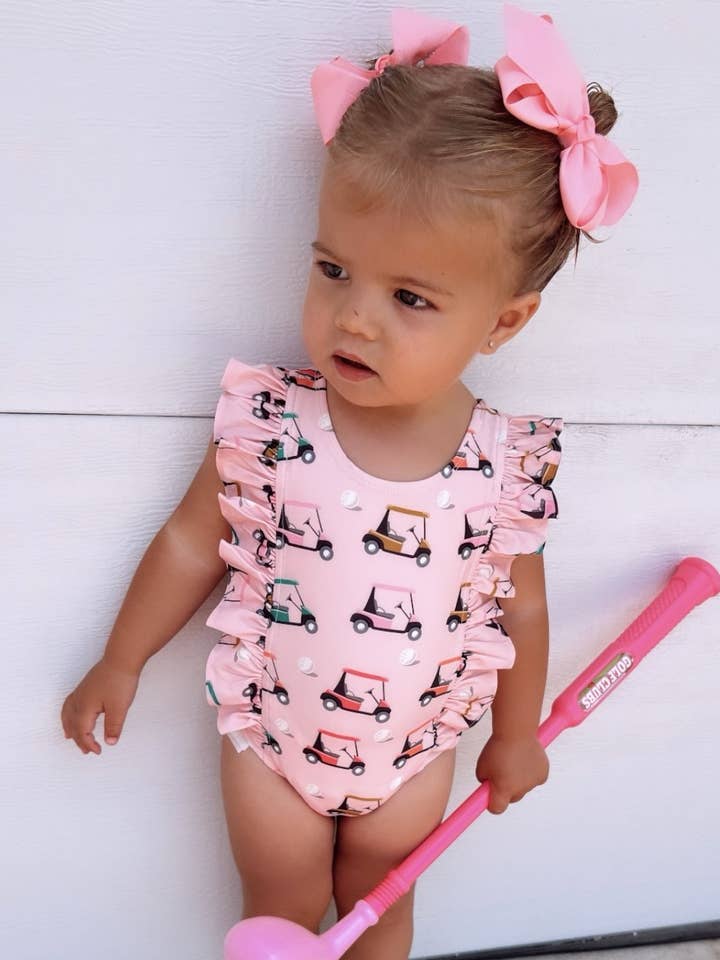 SIIX Collection - Wholesale One Piece Swimsuit - Kids - Pink Golf Cart / Monaco Swimsuit / UPF 50+
