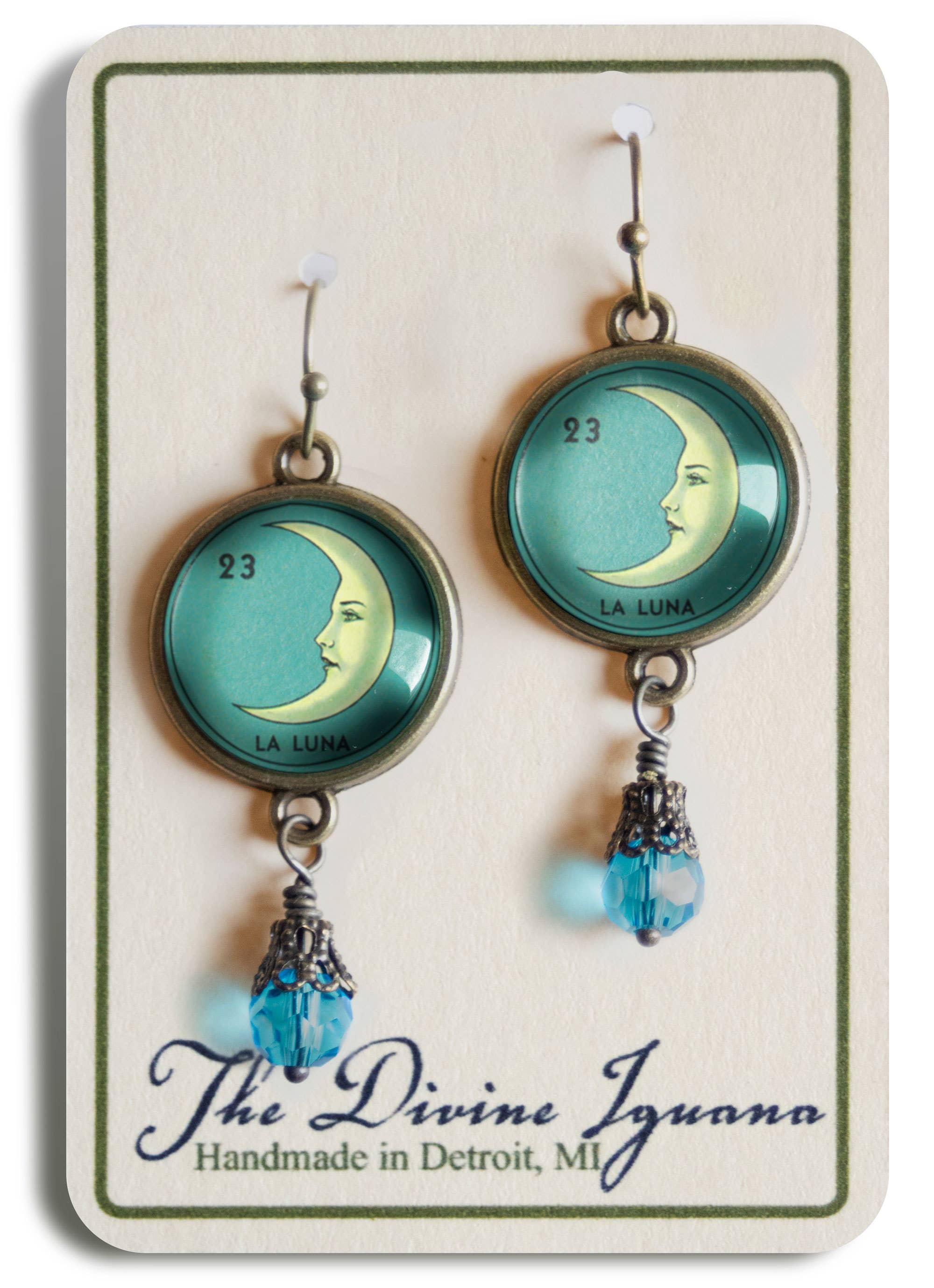 The Divine Iguana - Wholesale Dangle Earrings - Loteria La Luna Crescent Moon Glass Cabochon Earrings2