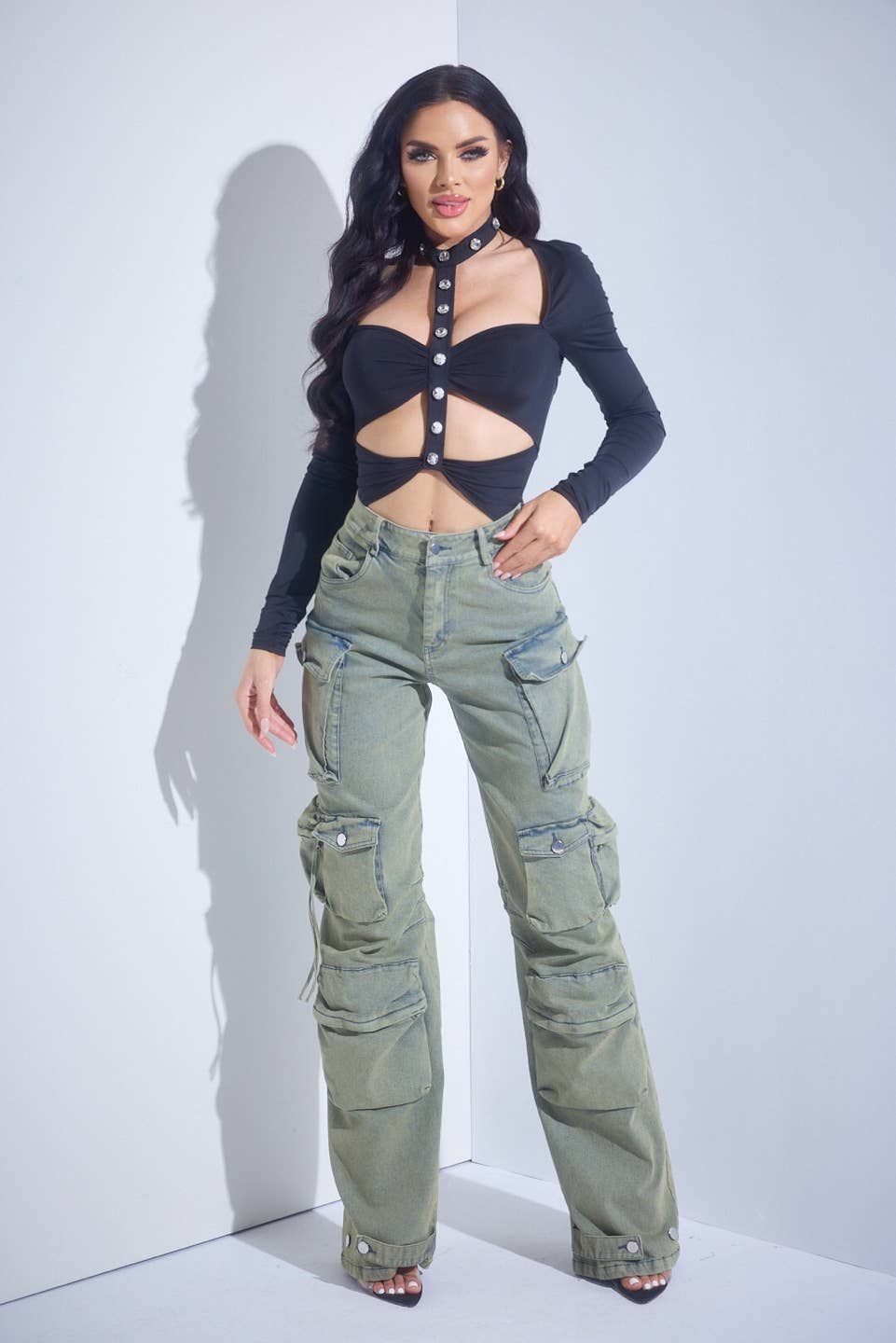 Grøn Grøn stretch denim cargo-bukser for engroshandel på Faire4