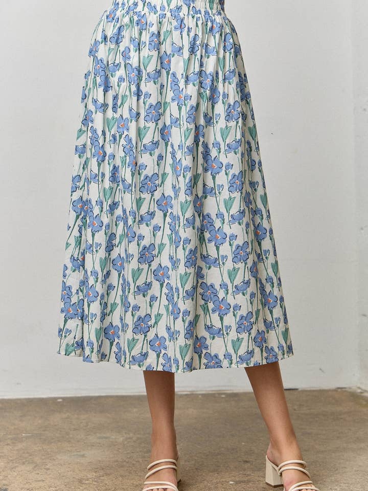 Småblomstret højtaljet A-formet midi-nederdel for engroshandel hos Polagram by Wellmade USA