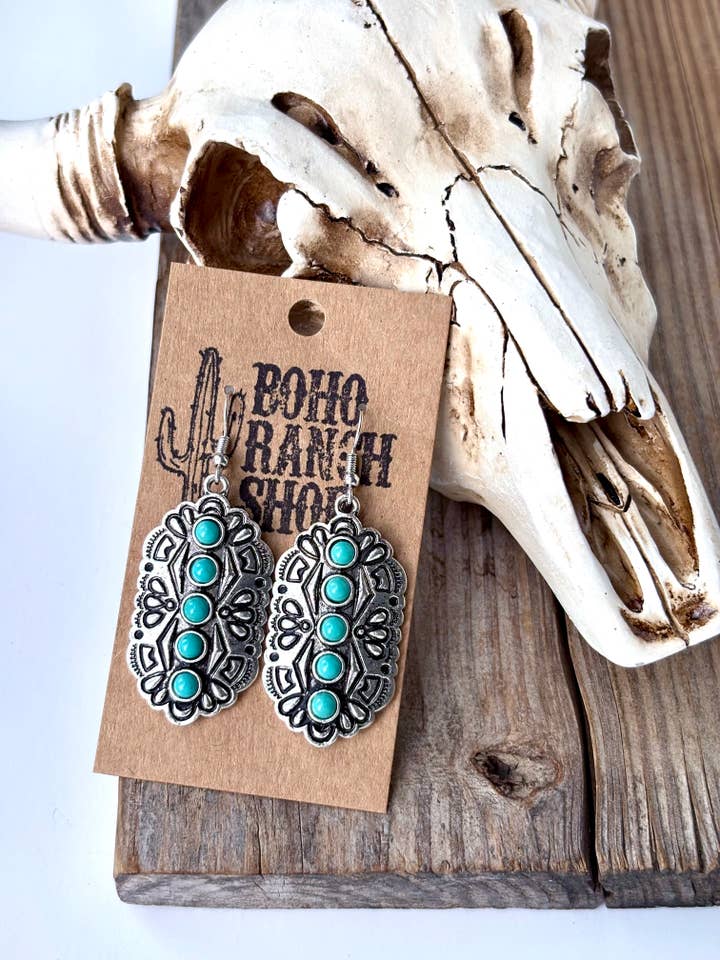 Western Style Engraved Bar Turquoise Stone Drop Earrings for wholesale by Boho Ranch Shop