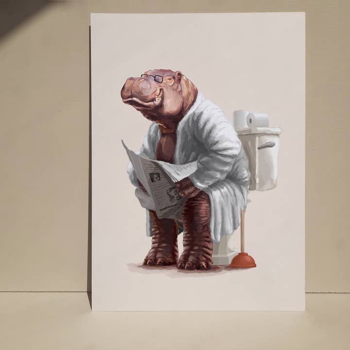 Hippo Toilet Print Funny Animal Bathroom Wall Decor for wholesale by Fasanian Artistry