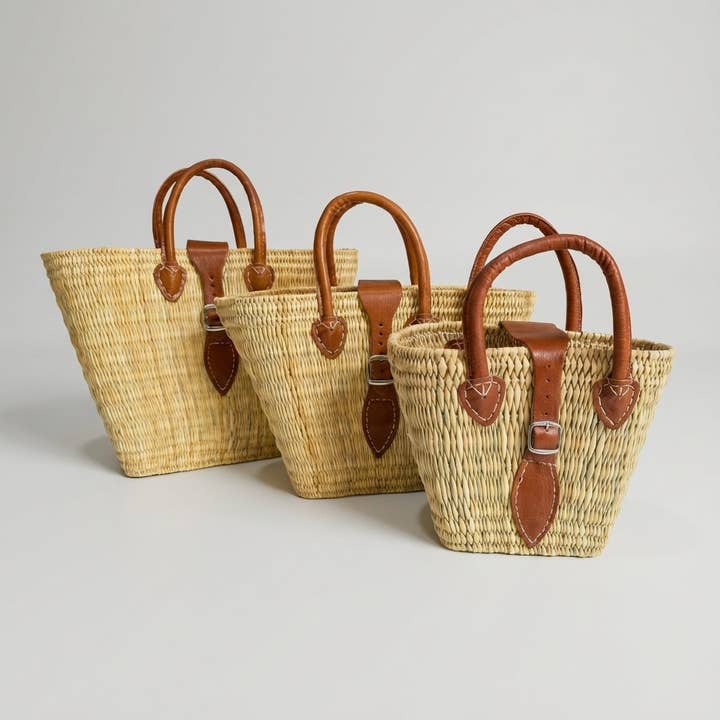 Melecraft - Wholesale Basket - Woven Reed Market Basket Leather Strap - Natural Boho Tote9