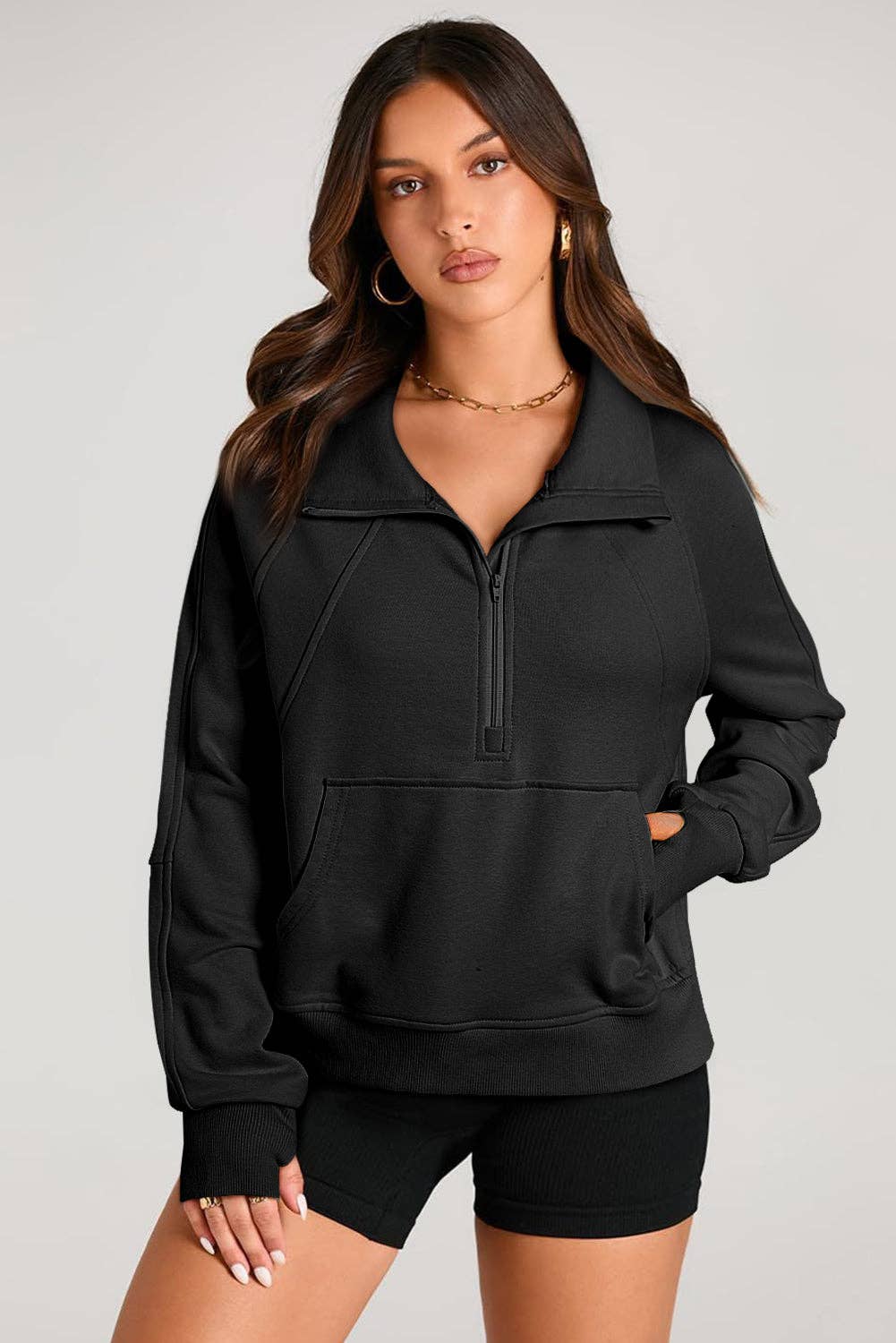 Lovesoft - Wholesale Sweatshirt - Women's - Solid Color Quarter Zip Stand Neck Kangaroo Pocket Sweatshirt2