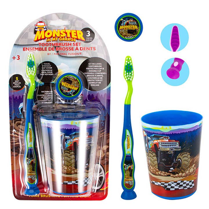 Deluxe Import Trading - Wholesale Toothbrush - Kids & Baby - Oral Fusion Kids Toothbrush 3PK w/ Cup Monster Truck