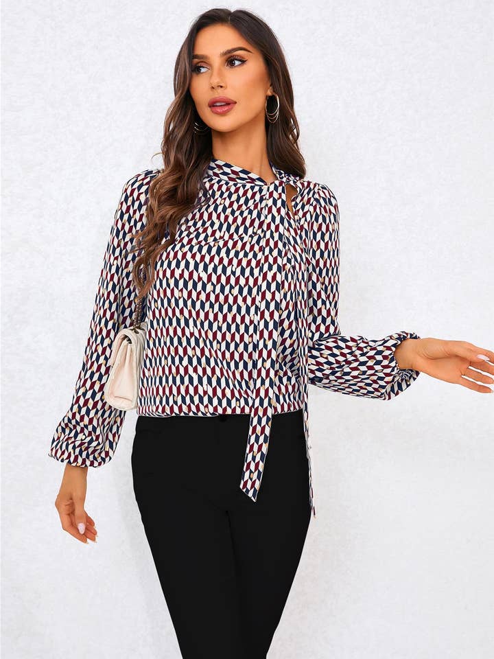 Geo Print Side Tie Blouse Top In Wine for wholesale on Faire3