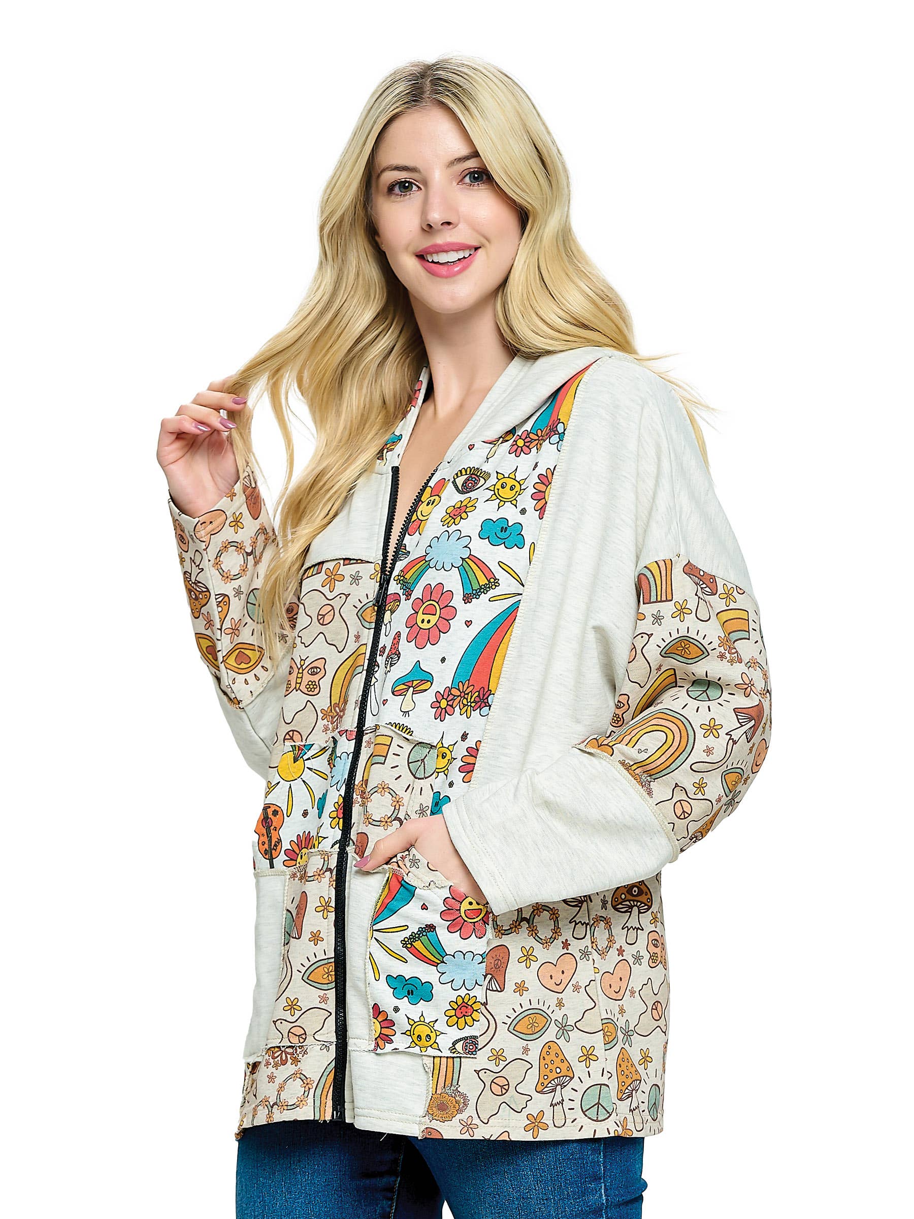 L Gray Zip-up Hoodie Patchwork Whimsical Mushroom Rainbow Print for wholesale on Faire2