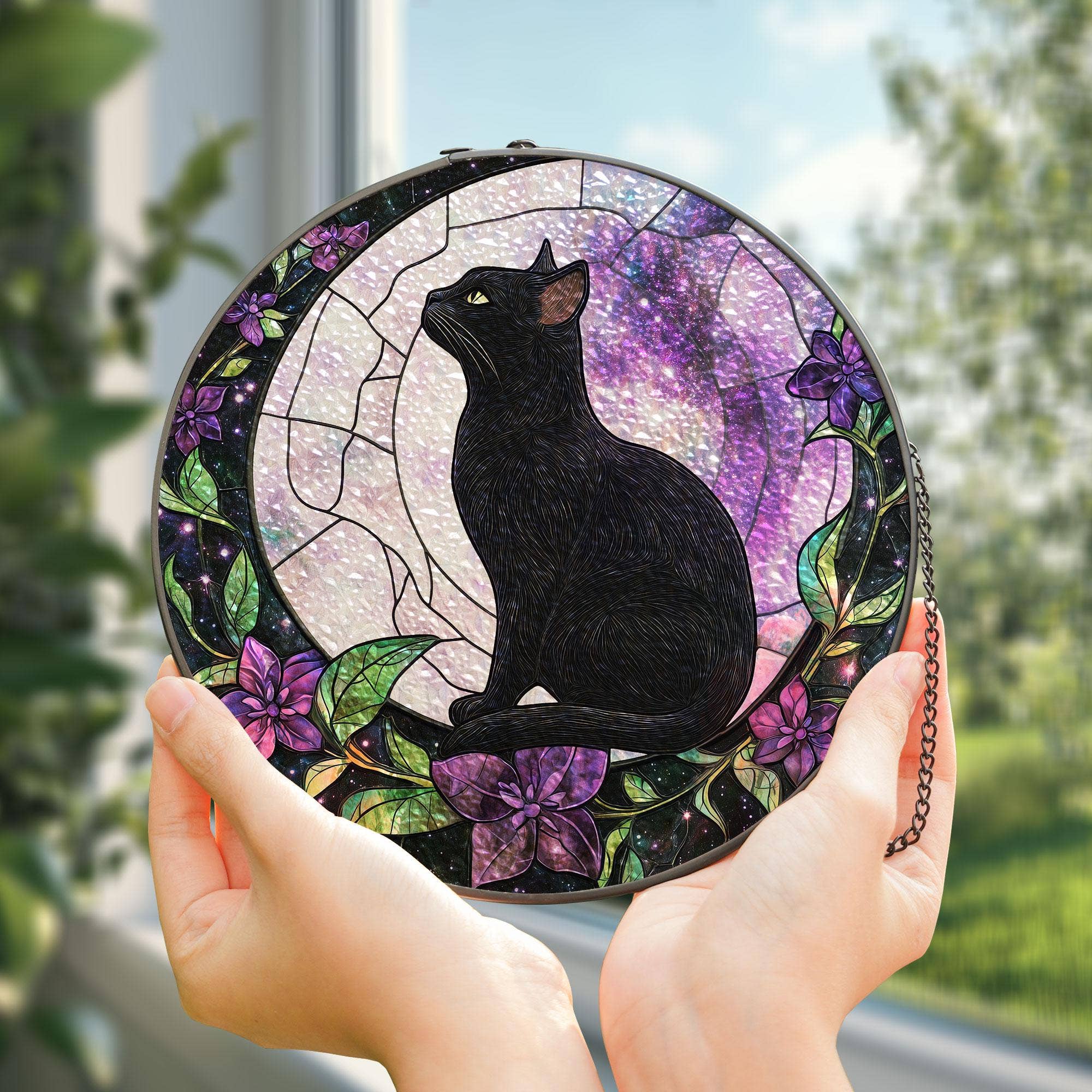 NVC Ecommerce LLC - Wholesale Suncatcher - Black Cat on Moon Suncatcher, Cat Glass Window Hanging Gifts