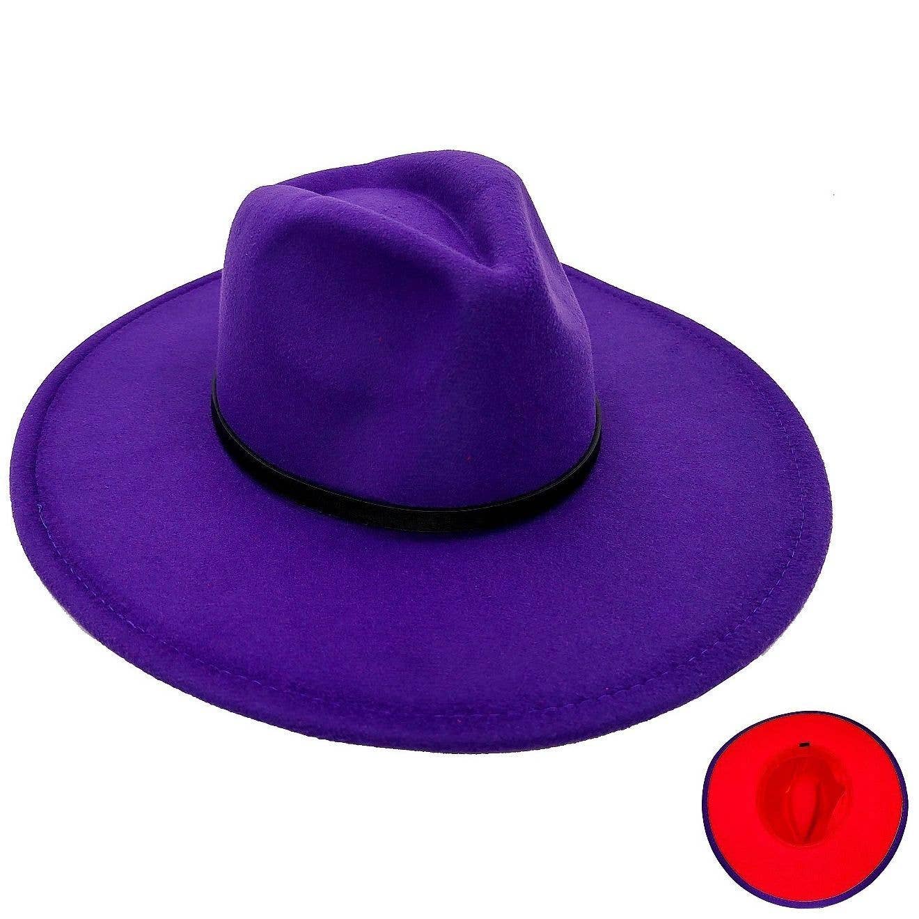 Purple Black PU Leather band Wide Brim Fedora Hat Red Inside for wholesale on Faire0