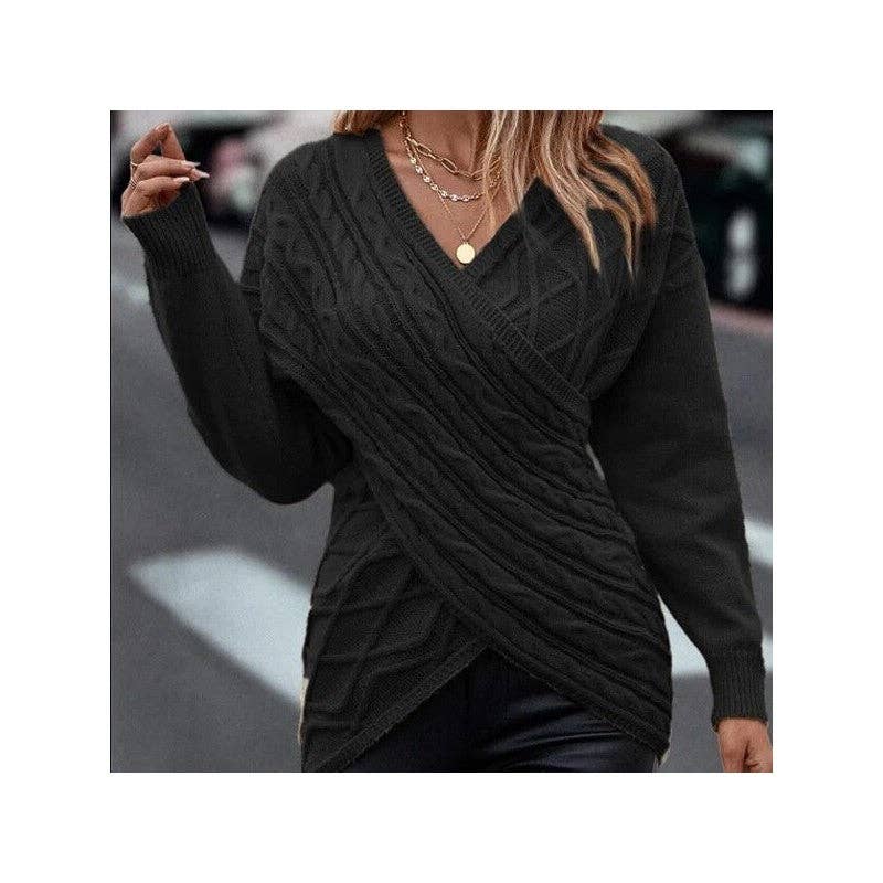 UZ Wholesale Store – wholesale Pullovertröja - Dam – Enfärgad V-ringad korslagd jacquard smal casual tröja0