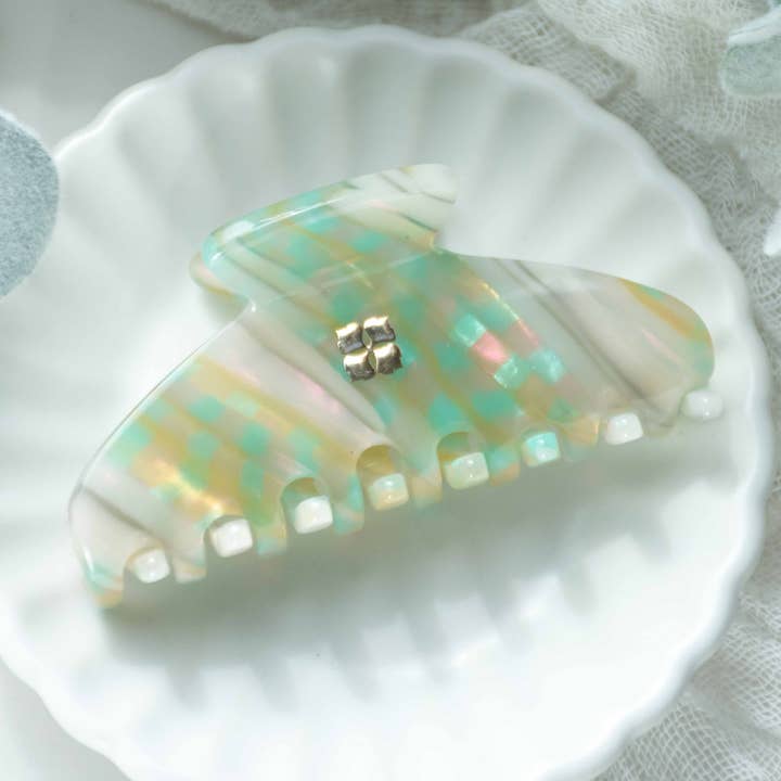 Fenna&Fei - Wholesale Hair Clip - Women's - Glamour Grip Mini Claw in Desert Opal | White Green Iridescent | Italian Acetate Tortoise Shell Small Hair Clip0