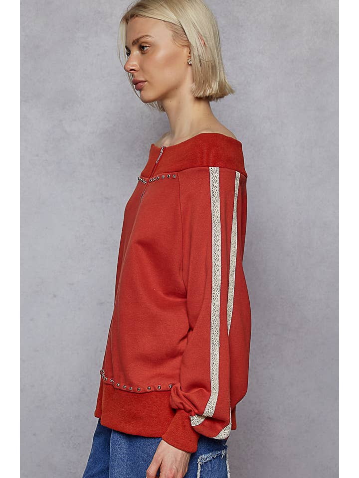 Pol Clothing - Wholesale Knit Top - Women's - Solid off shoulder lace trim detail French terry knit top9