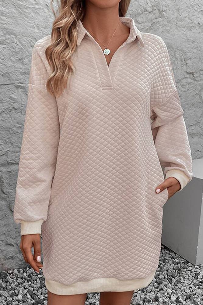 Apricot V Neck Quilted Sweatshirt Dress BFZY789 for wholesale on Faire1