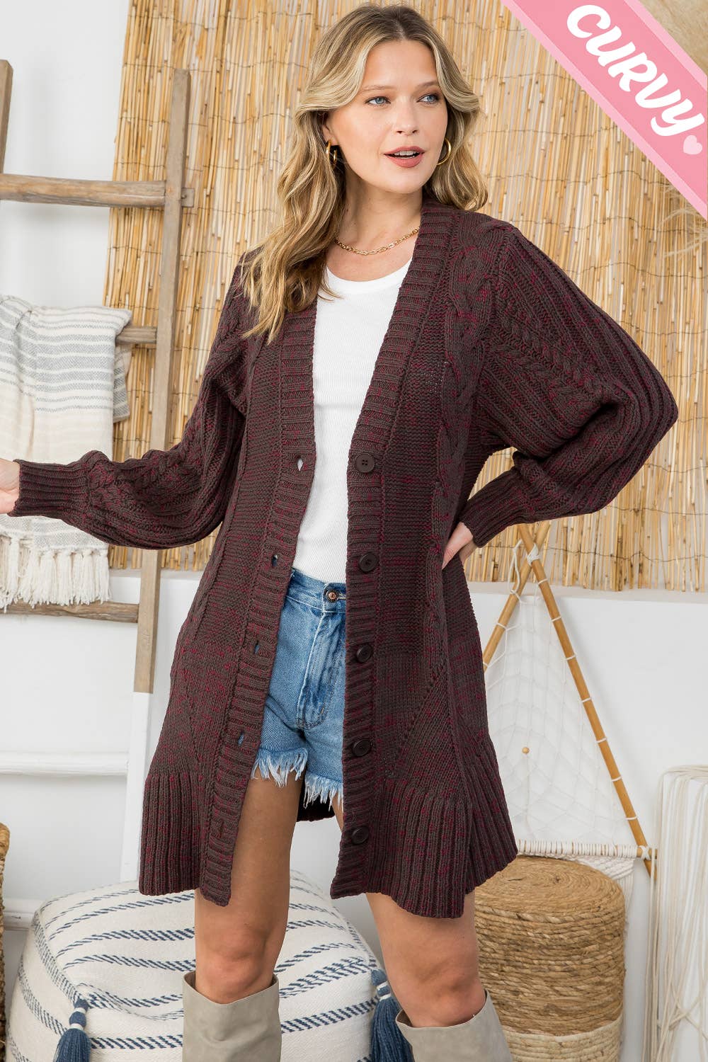 BAIE DE CHOCOLAT CARDIGAN EN MAILLE TORSADÉE SW337PL en vente sur Faire4