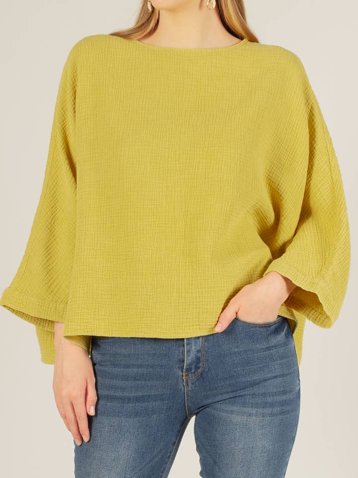 Mineral Wash Gauze Round Neck Dolman Sleeve Top for wholesale by Before You Collection